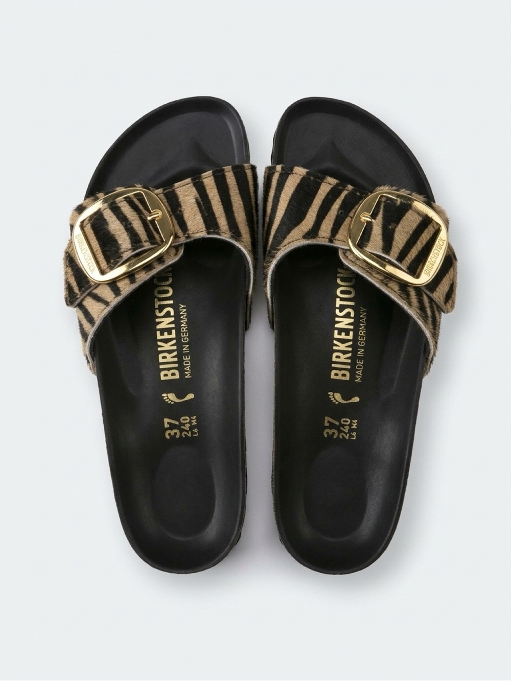 Birkenstock Arizona Sandal in Zebra-Print with Gold Buckle